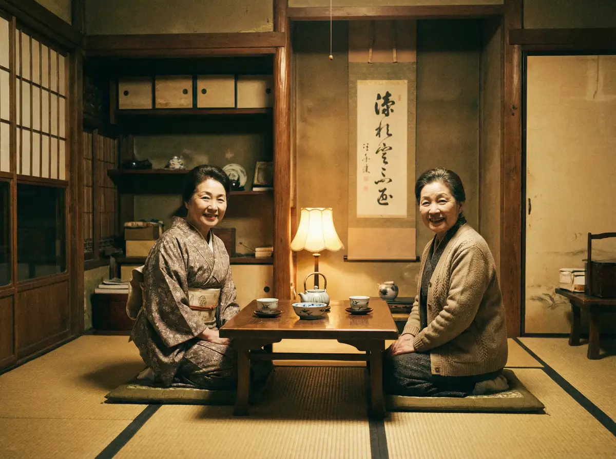 两位优雅的 叶倩彤 在日式茶室中品茶交谈